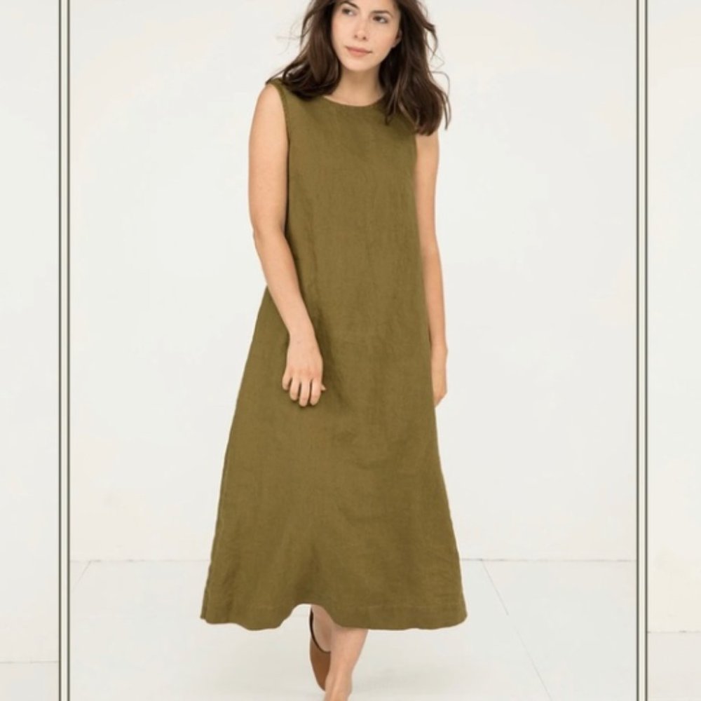 Elizabeth Suzann Dress Womens Large Green 100% Linen A Line Heavy Midi Lagenlook